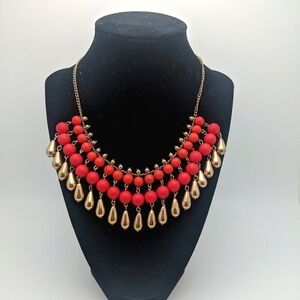 Neon Red Gold Beaded Statement Necklace
